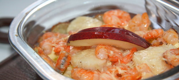 Гребешки запеченные с креветками и грушей Морская фантазия