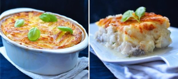Запеканка из рыбы под молочным соусом и картофельной шубой