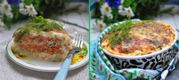 Запеканка из лосося с рисом под бешамелем и сыром