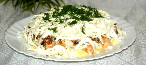 Салат из курицы грибов и сыра с домашней заправкой