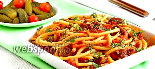 Макароны с мясом и овощами