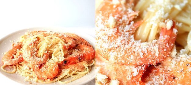 Спагетти с креветками в сливочно-томатном соусе с хлебно-чесночной крошкой