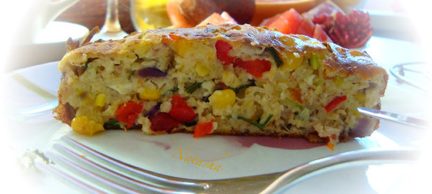 Творожная запеканка с брынзой,курицей и овощами на завтрак