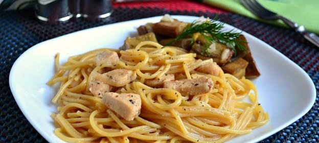 Спагетти с куриным филе и соевым соусом на сковороде