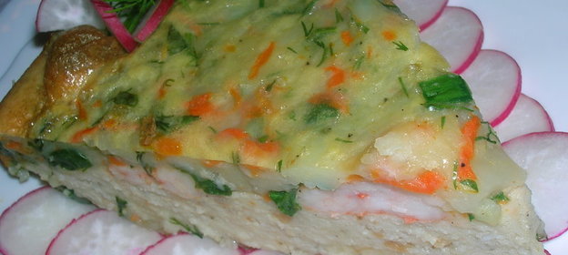 Пестрая рыбная запеканка с овощами и креветками