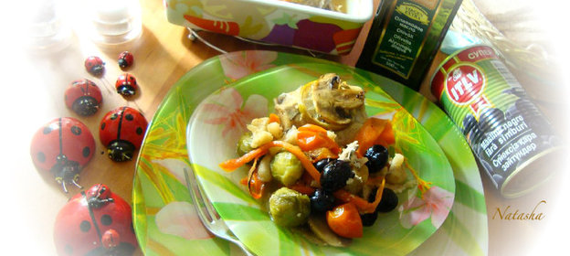 Рыба морская ,запечённая с овощами