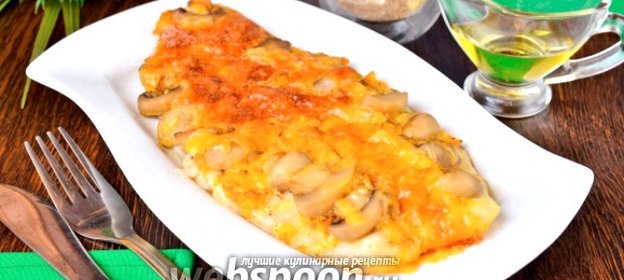 Запеченный морской язык под кумкватовым соусом с грибами и сыром