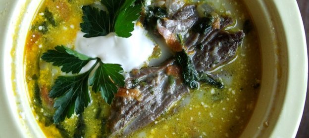 Зеленый борщ с крапивой, черемшой и шпинатом на говяжьем бульоне