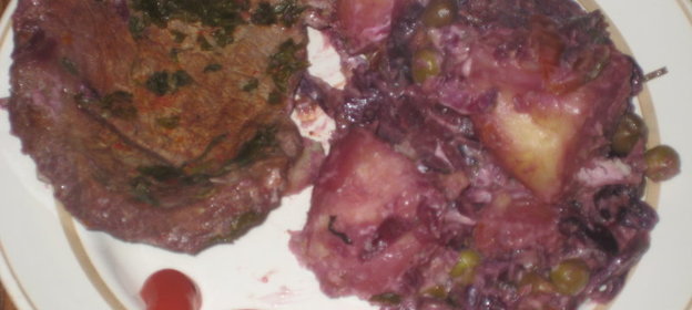 Мяско с овощами и с фиолетовой капустой,с солеными огурчиками из рукава