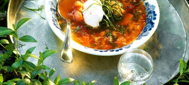 Щи из молодой капусты с побегами чеснока