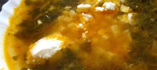 Зеленый борщ на говяжьем бульоне, с томатной пастой