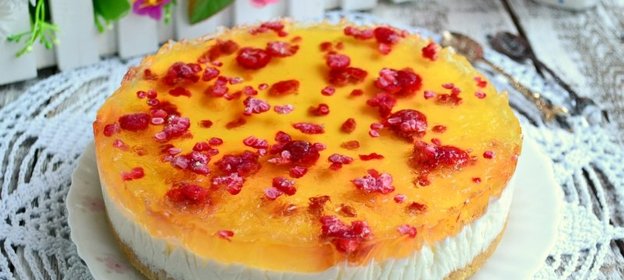 Творожно-желейный торт с малиной без выпечки