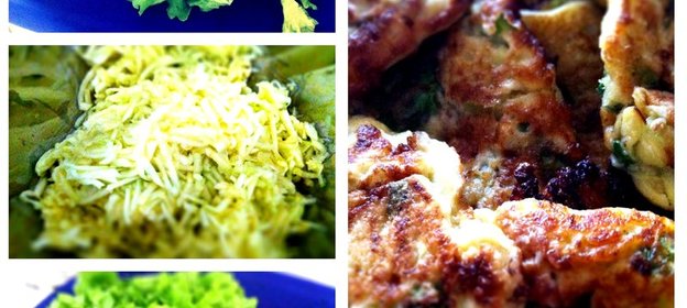 Оладьи из цукини с зеленым салатом, рукколой и базиликом